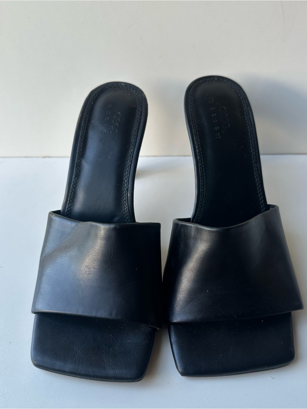 ASOS DESIGN Black Heeled Mules Square Toe Slip On Slide Heels Women’s Size UK 4